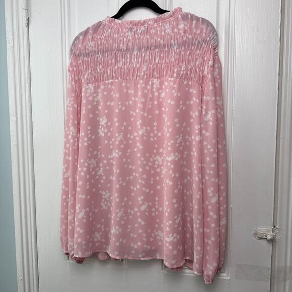 Pink & White Spotted Top Womens 2X Blouse Smocked Long Sleeve Lined Plus Size - Picture 5 of 7